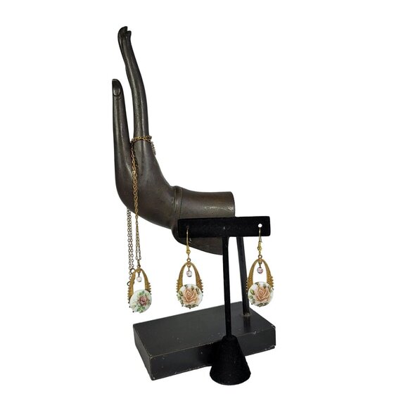 Unsigned Vintage Earrings & Necklace Set Cameo Pink Rose Porcelain Victorian - Picture 12 of 12